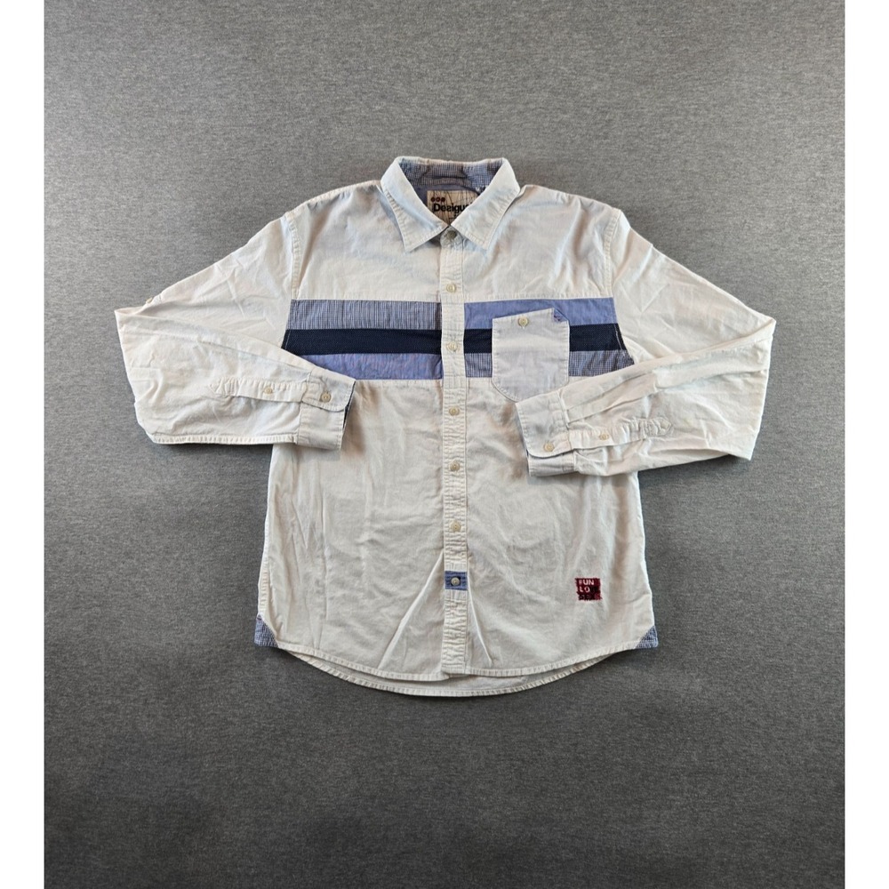 Desigual Shirt Mens XL White / Blue‎ Striped Long Sleeve Flip Cuff Button Down